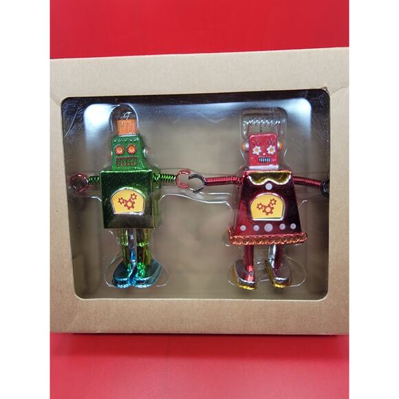 Old Navy Box of Robot Christmas Ornaments Red Green Spring Arms Dangling Legs - Picture 1 of 4